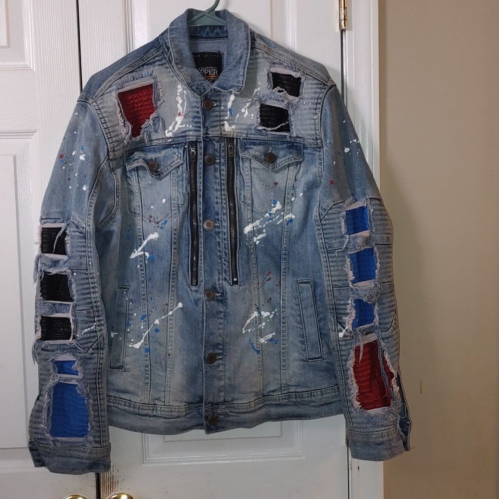 Cooper Rivet distressed denim paint splash jean multi media jacket Sz S